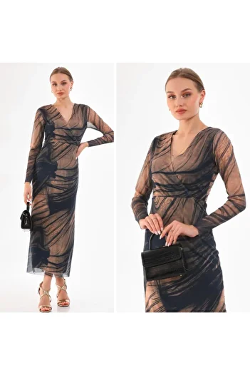 CİXAPLE V-Neck Lycra Printed Tulle Dress