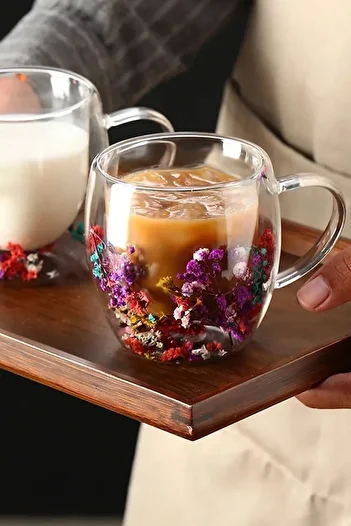 GİLLİ STORE Heat Resistant Double Walled Borosilicate Flower Cup Coffee Cup