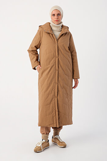 ALLDAY Earth Hooded Long Quilted Coat with Snap Fasteners