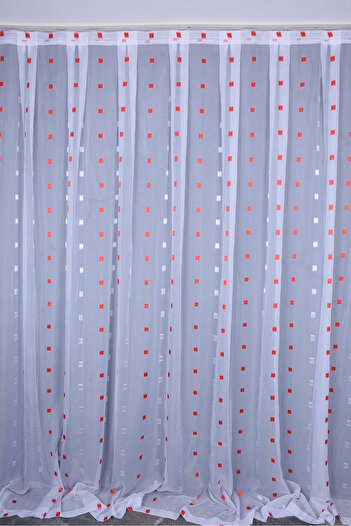 AKÇA TEKSTİL TERGAL RED-WHITE CHECKED WHITE COLOR SINGLE WING Ready Planted Pleated Background Curtain 300*260 Cm