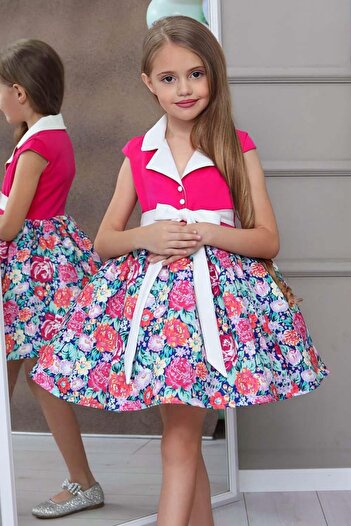 Riccotarz Girl's Shirt Collar Floral Printed Fuchsia Dress