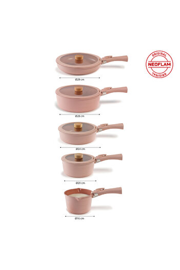 NEOFLAM Midas Pink 17-Piece Detachable Handle Nesting Induction Pot Pan Set