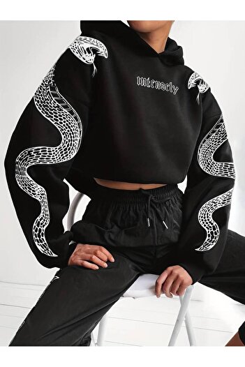 Machetta Unisex Sleeve Snake Printed Oversize Crop φούτερ με κουκούλα