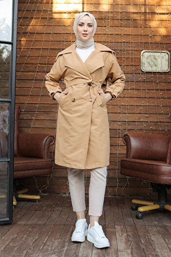benguen 8451 Wide Collar Trench Coat Camel