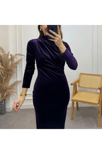 leilas Women's Purple Color Slit Back Draped Midi Length Long Sleeve Chiffon Velvet Dress