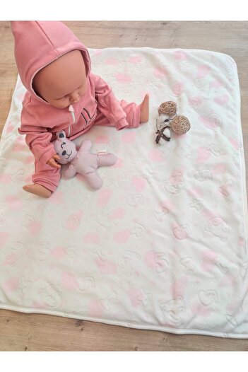 Tomuycuk %100 Pamuklu & Yumuşak Bebek Battaniyesi - Pembe Baskılı & Fermuarlı Angora Battaniye