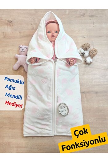 Tomuycuk %100 Pamuklu & Yumuşak Bebek Battaniyesi - Pembe Baskılı & Fermuarlı Angora Battaniye