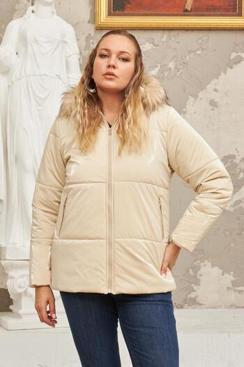 RMG Hooded Shiny Fabric Plus Size Ecru Puffer Coat