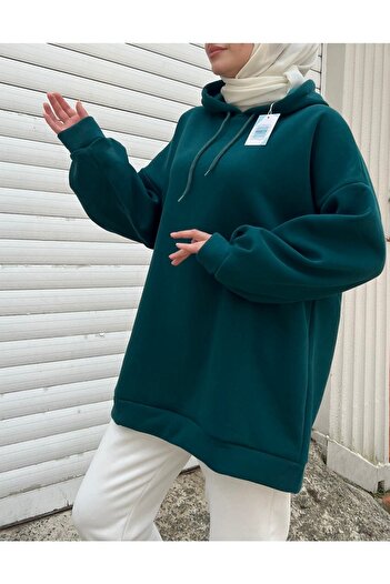 modabetce Extra Oversize Nefti Green Basic Γυναικείο φούτερ με 3 κλωστές από βαμβακερό στριφτό 1003