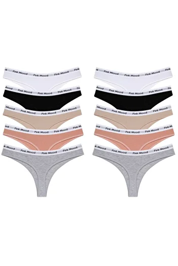 pink mood Elastic Waistband Cotton Thong 10' Lot