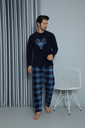 TAMPAP Men's Patterned Fleece Pajama Set Checked Suit Tampap 35003