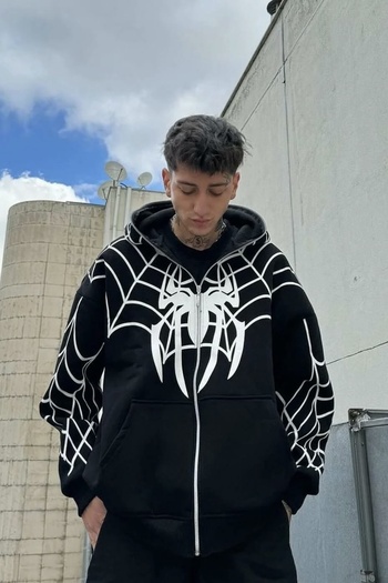 EFBUTİK Black Hooded White Spiderman Web Mask Cardigan