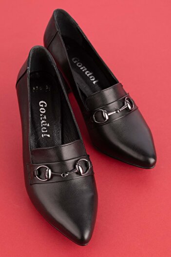 Gondol Women's Genuine Leather Classic Heeled Buckle Detailed Shoes Şhn.956 - Black - 35
