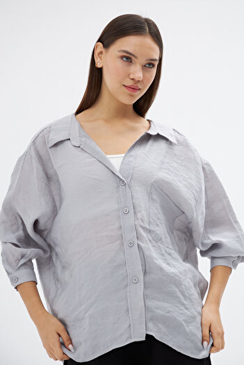 Laluvia Gray Low Shoulder Oversize Shirt