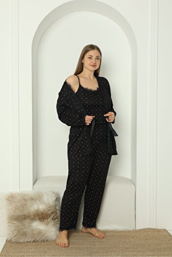 LAVINSAHOMEWEAR Women's Dressing Gown Triple Lace Detailed Pegasus Women's Pajamas Set - Dowry Set