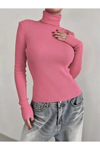 Buteks Unisex Pembe Premium Pamuklu Balıkçı Yaka Kaşkorse Şardonlu Slimfit Boğazlı Kazak