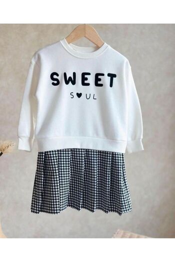 LOTUS BUTİK 33 Bicycle collar sleeve and waist cuffed girl's double suit with gingham Midi skirt
