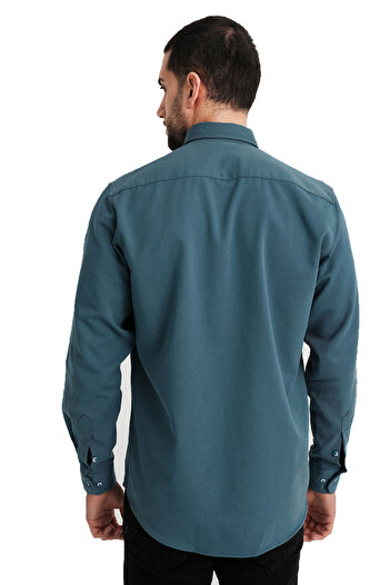 Varetta Erkek Koyu Turkuaz Çift Cepli Likralı Lewis Model Gabardin Kumaş Kot Gömlek