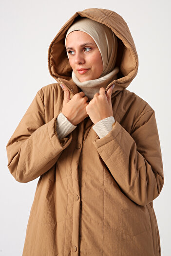 ALLDAY Earth Hooded Long Quilted Coat with Snap Fasteners