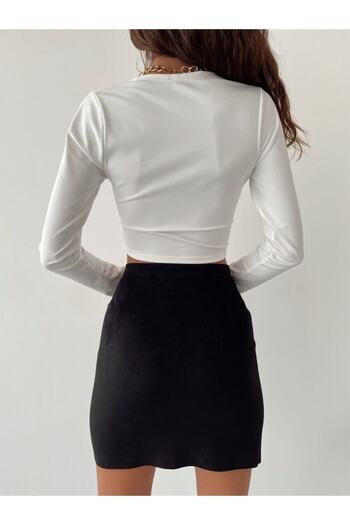 laughs White Double Breasted Collar Crop Blouse