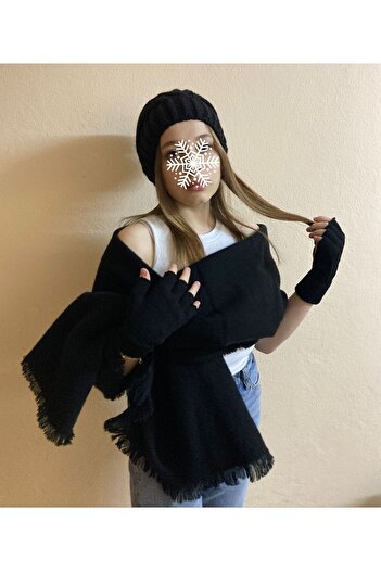 sema aksesuar Black Shawl Scarf, Knitted Beanie and Cut-Out Gloves Set of 3 - Valentine's Day Gift