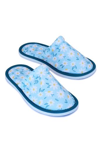 Chochili Papuci de casă pentru femei cu model de flori albastre cu talpă moale