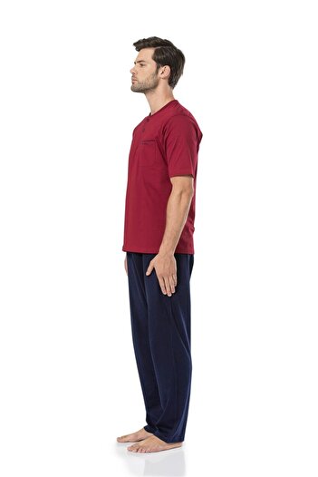 Pierre Cardin Men's Claret Red 3-Piece Combed Cotton Pajama Set with Short Sleeve Shorts