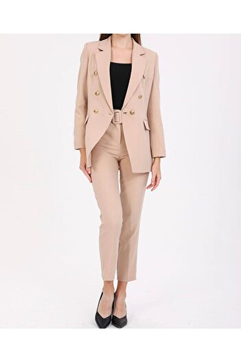 pembekurdelem Women's Blazer Jacket Belted Trousers Set Stone