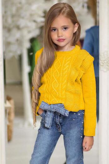 Riccotarz Girl's Ruffle and Hair Knit Detailed Knitwear Blouse and Jeans Pants Yellow Bottom Top Set
