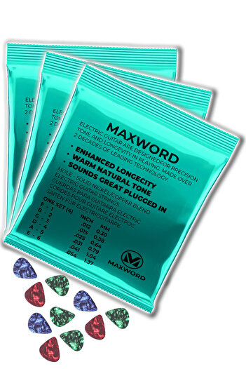Maxword GT-Electric-3X Quality Electric Guitar String 3 Sets Set (10 Plectrums Gift)