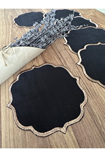 Nurhanhome 6 Pieces Black Color Linen Fabric Coffee Side Cocktail Presentation Napkin with Bronze Embroidery on the Edges