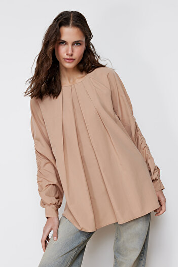 Trendyol Modest Beige Sleeves Gather Detailed Cotton Woven Tunic TCTSS24UK00008