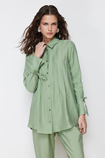 Trendyol Modest Khaki Pleat Detailed Woven Linen Look Shirt Pants Bottom Top Set TCTSS24US00018