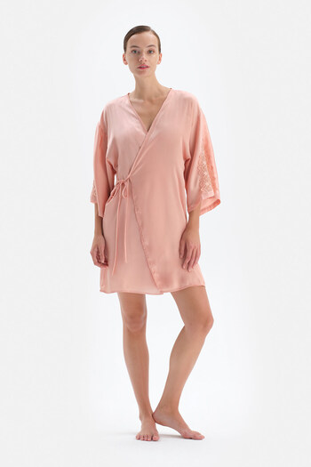 Dagi Tied Satin Dressing Gown with Salmon Lace Detail
