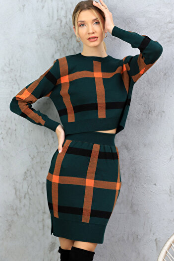 ALCHON Round Crew Neck Color Block Striped Short Sweater Elastic Waist Slit Skirt Double Knitwear Set
