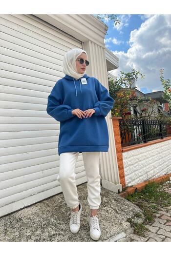 modabetce Extra Oversize Indigo Blue Basic Γυναικείο φούτερ με 3 κλωστές βαμβακερό ανάγλυφο 1003