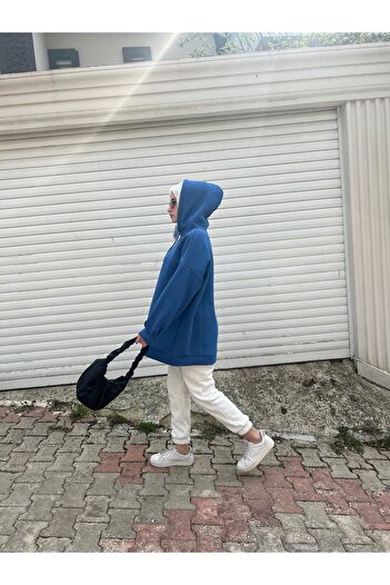 modabetce Extra Oversize Indigo Mavi Basic 3 Iplik Pamuklu Şardonlu Kadın Sweatshirt 1003