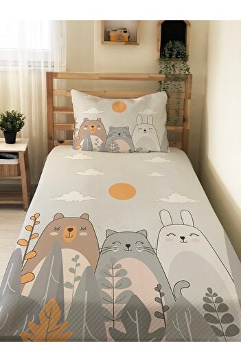 Evmila Ayıcık Desenli Bebek Ve Çocuk Baskılı Tek Kişilik Pike Takımı 160 X 220 Cm Gri