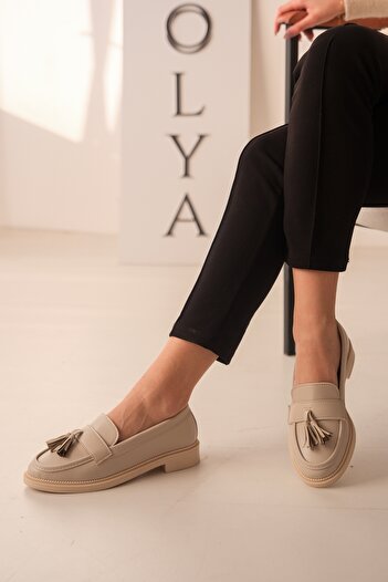 DİVOLYA Gaby Beige Leather Tasseled Thin Sole (3CM) Loafer Women's Shoes