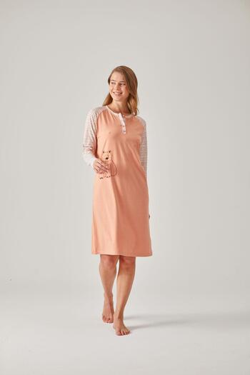 Pamuk & Pamuk Modal Cotton Women's Nightgown - Orange Striped and Raglan Sleeves