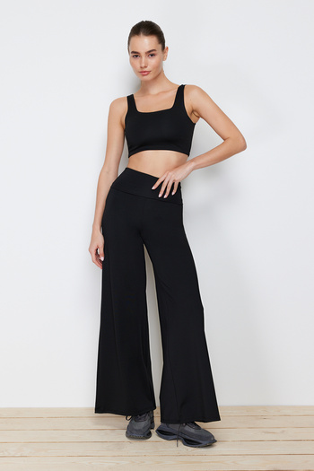 Trendyol Collection Μαύρο πλεκτό αθλητικό παντελόνι κατάδυσης/υποβρύχιο φαρδύ πόδι μέσης πτυσσόμενο TWOAW23EA00016