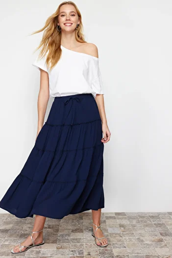 Trendyol Collection Navy Blue Flared Maxi Length Woven Skirt with Gather Detail at Waist TWOSS24ET00098