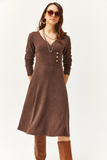 Olalook Rochie de damă, maro amarui, cu nasturi, detaliată la dublu piept, clopot midi, ELB-19002031