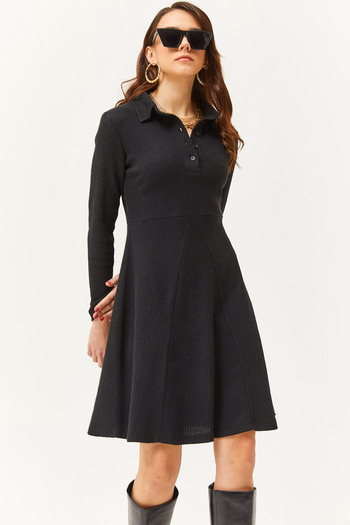 Olalook Women's Black Polo Neck Button Down Mini Loose Dress ELB-19002030