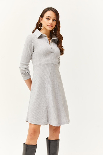 Olalook Women's Gray Polo Collar Buttoned Mini Flared Dress ELB-19002030