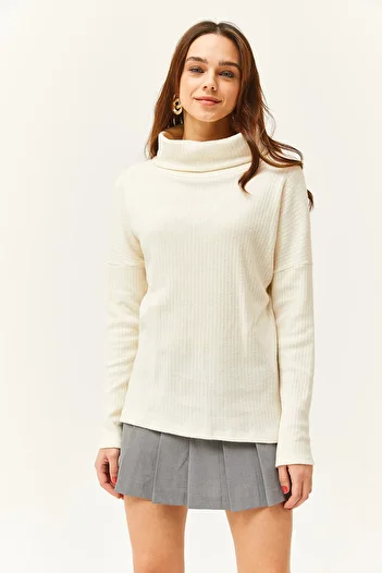 Olalook Women's Ecru Degaje Collar Ribbed Loose Blouse BLZ-19002480