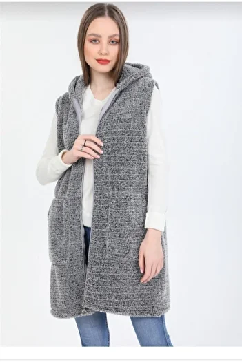 ABB Hooded Zippered Sleeveless Plush Cardigan