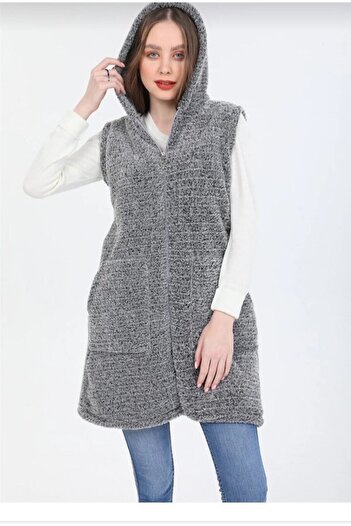 ABB Hooded Zippered Sleeveless Plush Cardigan