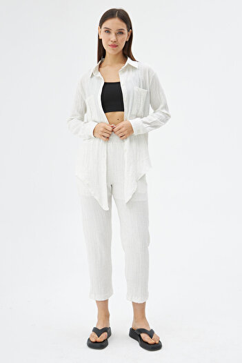 Laluvia Natural Seersucker Shirt Pants Set