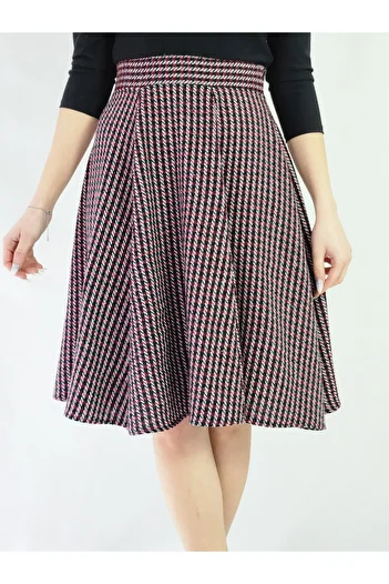 YAXİ Claret Red Black Plaid Patterned Knee-Bottom Bell Skirt
